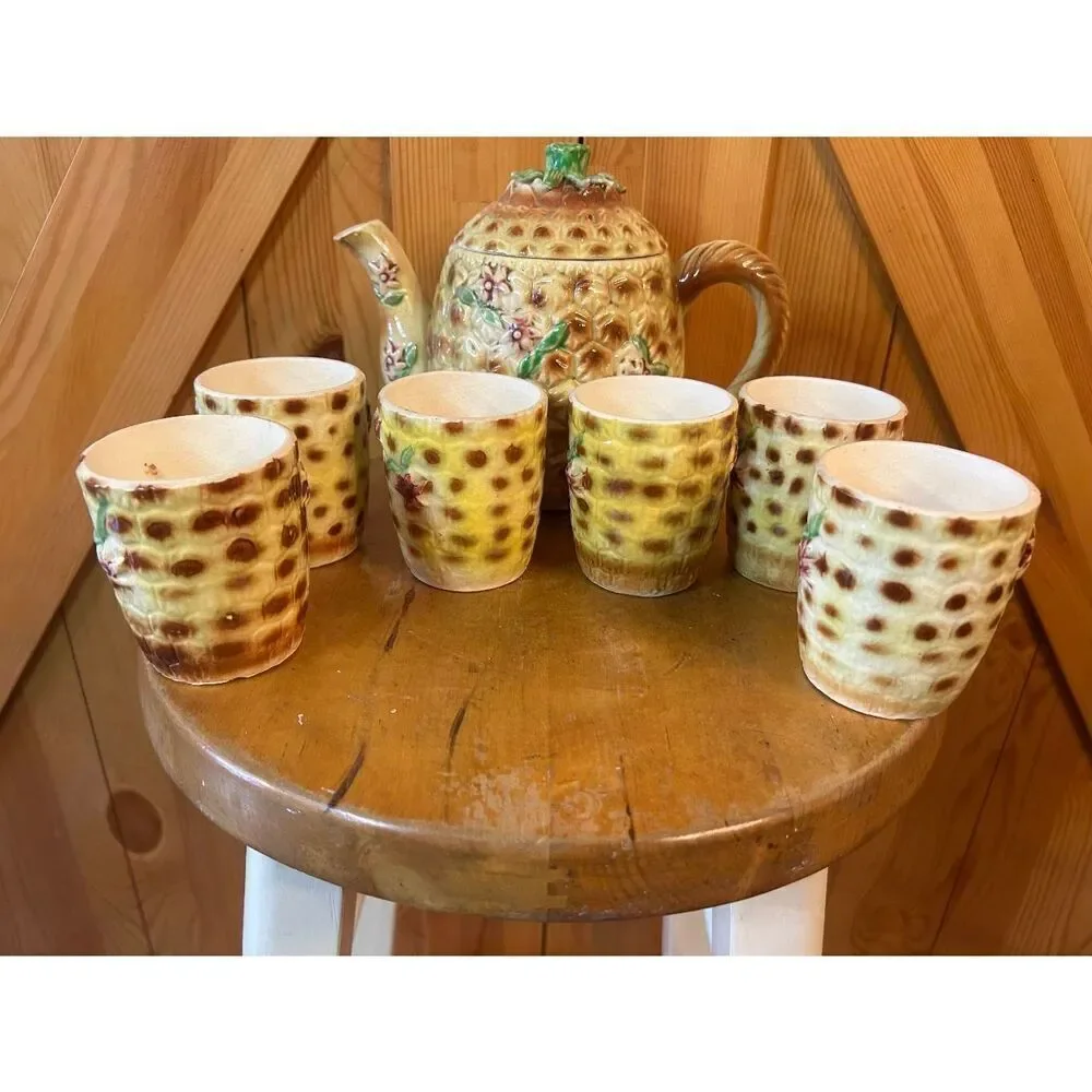 Vintage Japanese 7 Piece Tea Set Porcelain Pineapple Floral Design Read (5007)